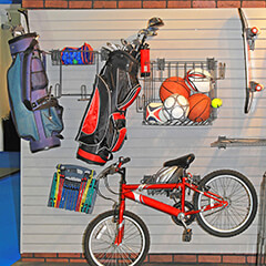 sports equipment organized on shelves