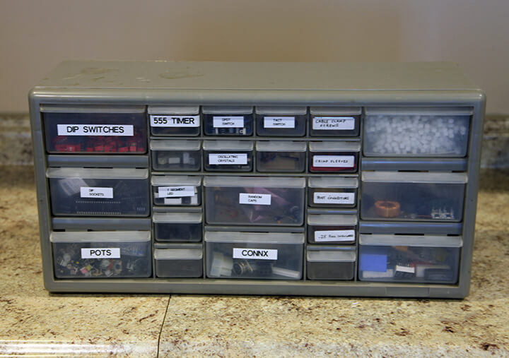 I think these plastic bins are the best way to organize nuts and bolts. The clear drawers help you see what's in each one.