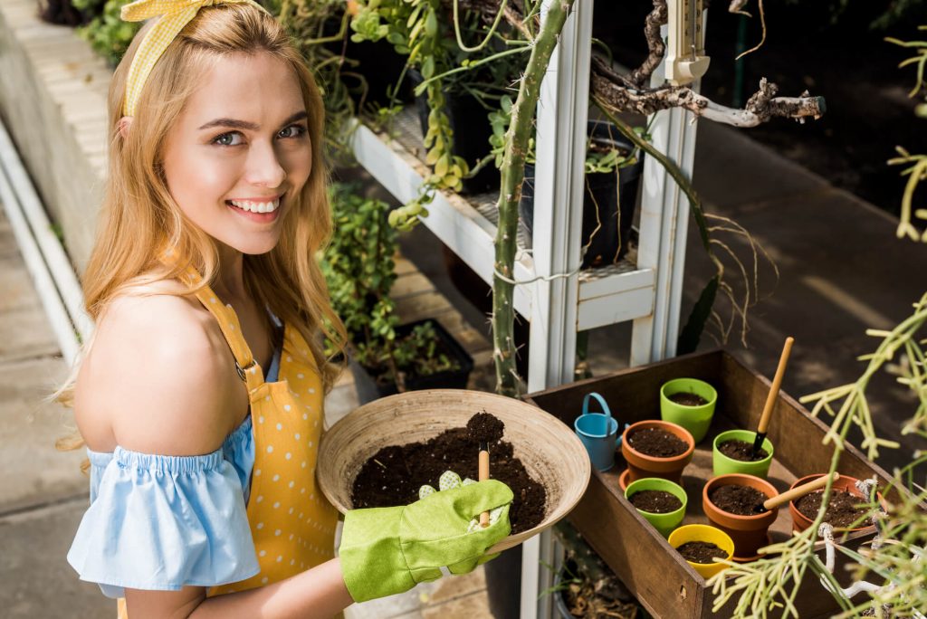 attractive woman in garden shed