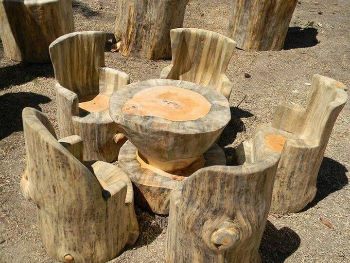 Table and chairs from tree stumps