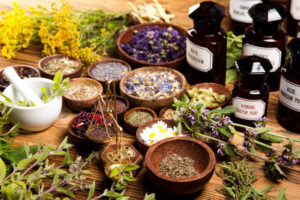 dried aromatheraphy plants in pestles