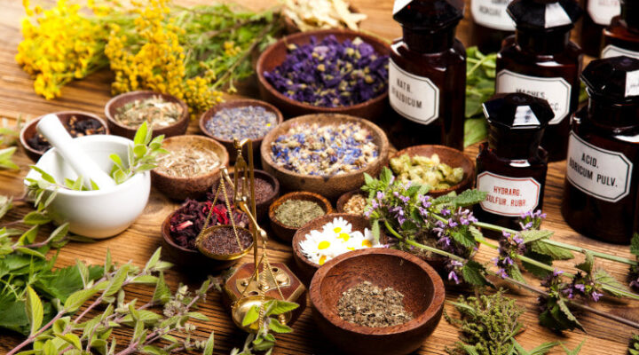 dried aromatheraphy plants in pestles