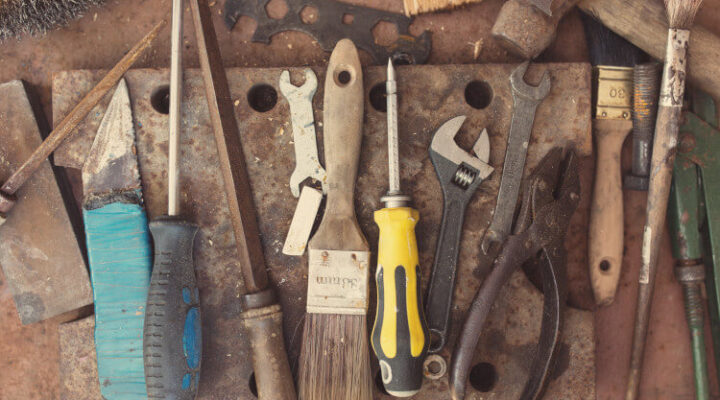 set of dirty and rusty hand tools